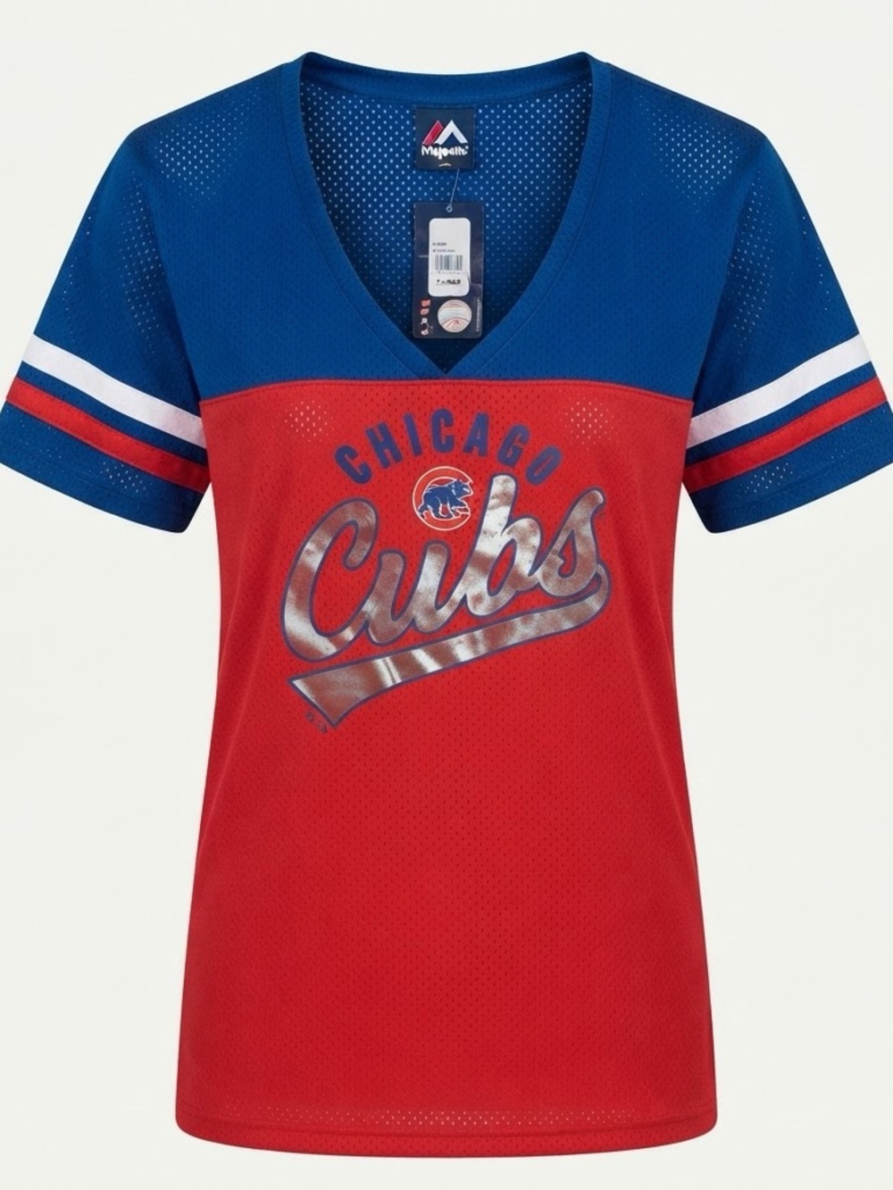 Chicago Cubs Majestic Women’s XL V-Neck Mesh Shirt Red Blue MLB NWT Flaw